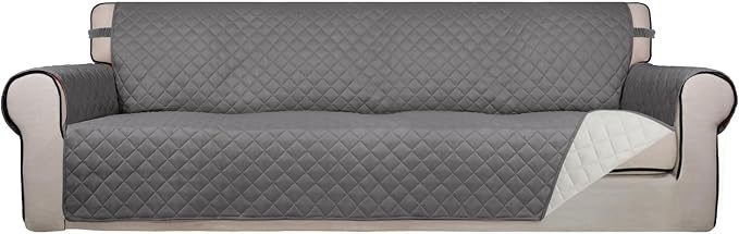 PureFit Reversible Quilted Couch Covers for Dogs Sofa Cover 4 Seater 88" | Gray/Ivory, Water Resistant Couch Protector, Washable Pet Couch Cover with Non Slip and Elastic Straps For Kids