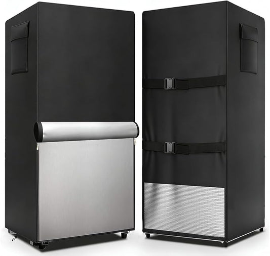 Black refrigerator cover with a silver door on a white background