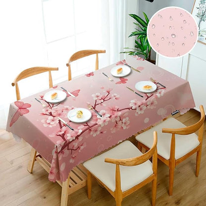 Swono Cherry Blossom Tablecloth Japanese Cherry Tree Nature Rectangle Table Cloth Washable Plaid Table Cover for Kitchen Holiday Dinner Banquet, 52x 70 Inch Tablecloth, Pink