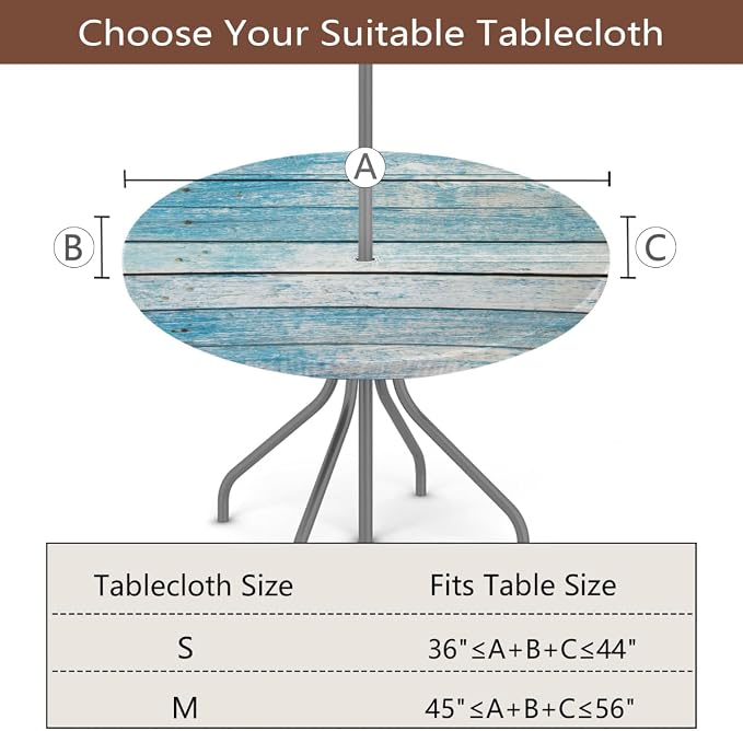 Outdoor Round Tablecloth with Umbrella Hole, Blue Wooden Fitted Table Cloth with Elastic 45"-56" Waterproof Oil-Proof Circle Patio Table Cover for Picnic Camping Party