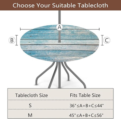 Outdoor Round Tablecloth with Umbrella Hole, Blue Wooden Fitted Table Cloth with Elastic 45"-56" Waterproof Oil-Proof Circle Patio Table Cover for Picnic Camping Party