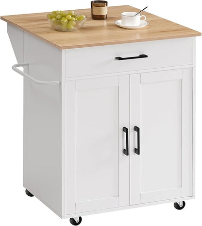 MAHANCRIS Kitchen Island on Wheels with Drop Leaf, Folding Countertop Kitchen Island Cart, Kitchen Island Table with Towel Rack, Drawer, for Kitchen, Dining Room, White and Natural KINW12501