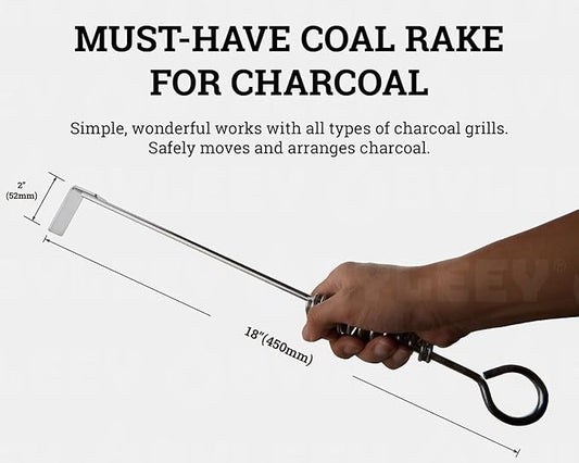 18" Charcoal Grill Rake Parts, BBQ Ash Tool Poker for Smoker. Cleaning Out and Moving Coals - Ash Shovel Tongs for Fireplace, Pizza Oven, and Wood Stove. Great BGE, Classic Joe Accessories, Stainless