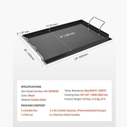 VEVOR Carbon Steel Griddle, Flat Top Plate, Griddle for BBQ Charcoal/Gas Gril with 2 Handles, Rectangular Flat Top Grill with Extra Drain Hole for Tailgating and Party