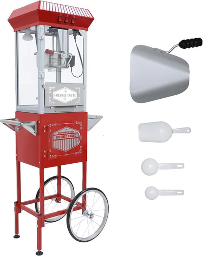 12 Oz Nostalgia Professional Popcorn Cart Makes Up to 64 Cups, Popper Maker with Warming Deck and Old Maids Drawer, Movie Night Supplies for Home & Parties, Red