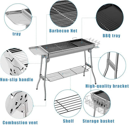 BBQ Grill, Stainless Steel Barbecue Grill Smoker Charcoal BBQ, Folding Portable BBQ for 5-10 Persons Family Garden Outdoor Cooking Hiking Picnics Camping Barbecue Party