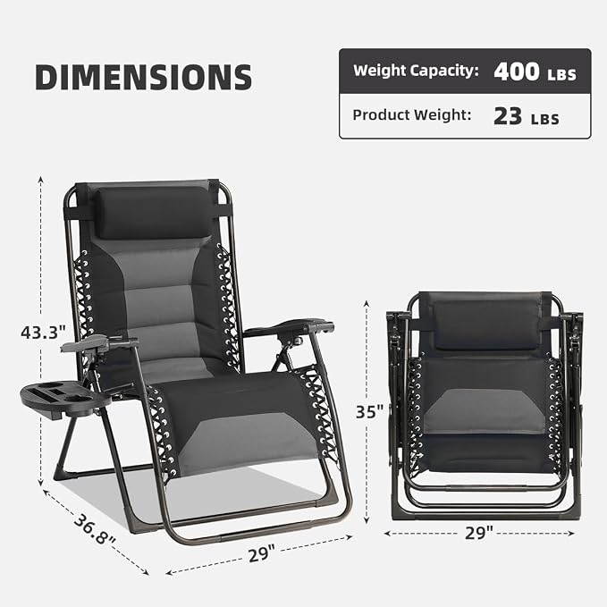 Zero Gravity Chair Set of 2 Oversized Padded Recliner with Adjustable Headrest & Cup Holder - 600D Oxford Folding Lounge Chair for Outdoor Camping, Patio, Poolside (Black & Gray)