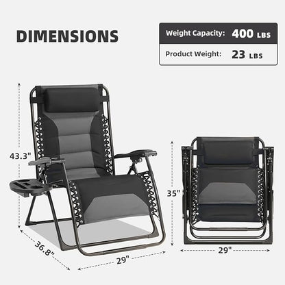 Zero Gravity Chair Set of 2 Oversized Padded Recliner with Adjustable Headrest & Cup Holder - 600D Oxford Folding Lounge Chair for Outdoor Camping, Patio, Poolside (Black & Gray)
