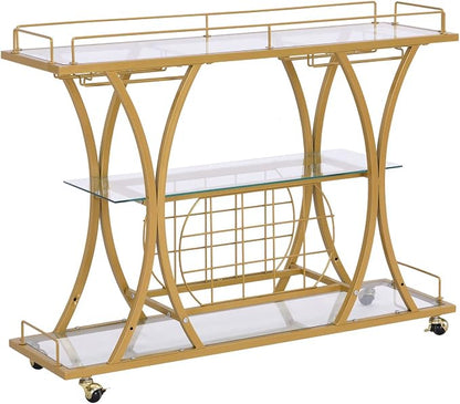 Gold Bar Carts with Glass Holders & Wine Rack,3 Tier Home Bar Serving Carts with Glass Shelves,Metal Rolling Bar Carts for The Home Kitchen, Party | With Wine Rack, Modern, Holder Rack, Easy Assembly, Sturdy