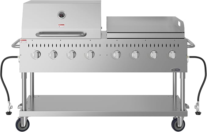 60 in. 8-Burner Commercial Outdoor Propane Gas Grill with 30 in. Roll Dome Cover and 30 in. Griddle in Stainless-Steel, ETL Listed (CGKIT6-D30G30)