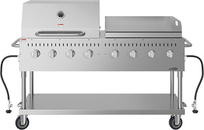 60 in. 8-Burner Commercial Outdoor Propane Gas Grill with 30 in. Roll Dome Cover and 30 in. Griddle in Stainless-Steel, ETL Listed (CGKIT6-D30G30)