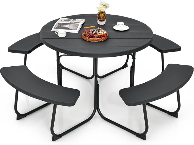 Tangkula 8 Person Picnic Table, Outdoor Round Picnic Table with 4 Built-in Benches, Umbrella Hole, Metal Frame & HDPE Tabletop, Outside Table and Bench Set for Backyard, 2300lbs Weight Capacity