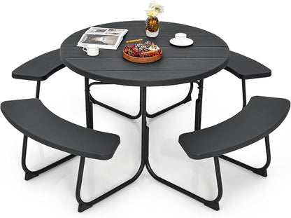 Tangkula 8 Person Picnic Table, Outdoor Round Picnic Table with 4 Built-in Benches, Umbrella Hole, Metal Frame & HDPE Tabletop, Outside Table and Bench Set for Backyard, 2300lbs Weight Capacity