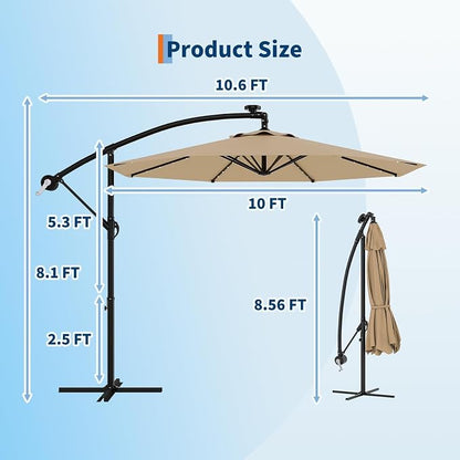 Garvee 10FT Solar Lights Offset Patio Umbrella with Cross Base, Tan | Cantilever Umbrella with Easy Lift & Tilt Adjustment, 8 Ribs Sun umbrella UV Protection for Backyard, Pool, Garden