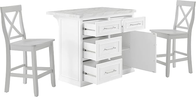 Crosley Furniture Cutler Kitchen Island with Faux Marble Top and X-Back Stools, White/Gray