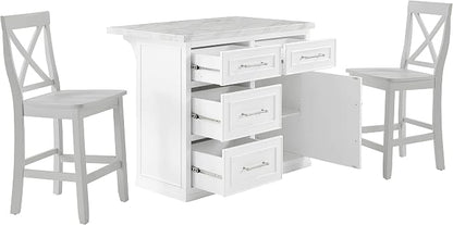 Crosley Furniture Cutler Kitchen Island with Faux Marble Top and X-Back Stools, White/Gray