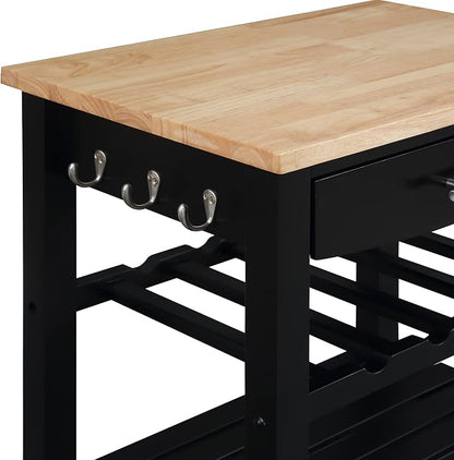 Convenience Concepts Ellaine Butcher Block Kitchen Cart 24.75" - 4 Tier Kitchen Island with Storage Drawer, Dining Room Wine Rack on Wheels, Coffee Station Table, Mobile Utility Trolley, Black