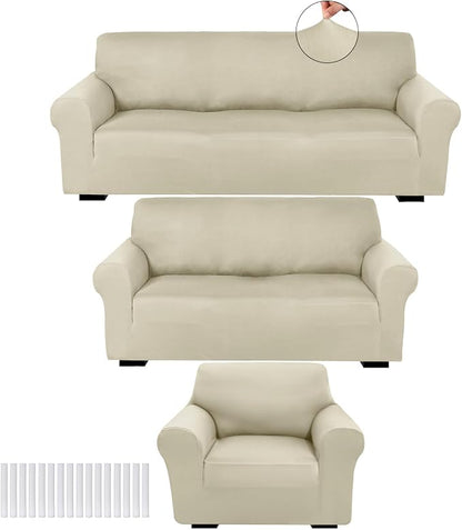Peryiter 3 Pcs Couch and Loveseat Sofa Covers,Beige,Milk Silk | Armchair Covers for Living Room, Sofa Cushion Slipcover, Furniture Protector, Polyester and Spandex, Washable