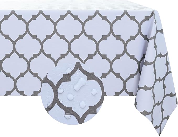 Romanstile Rectangle Plastic Tablecloth, 100% Waterproof Oil-Proof Checkered PVC Table Cloth, Heavy Duty Vinyl Table Cover for Dining, Camping, Picnic, Outdoor - 54 x 120 Inch, Moroco White