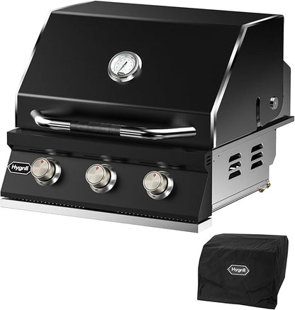 Hygrill STD Series Heavy Duty 3-Burner Built In Grill for Liquid Propane, Stainless Steel Outdoor Kitchen Grill Head, Black