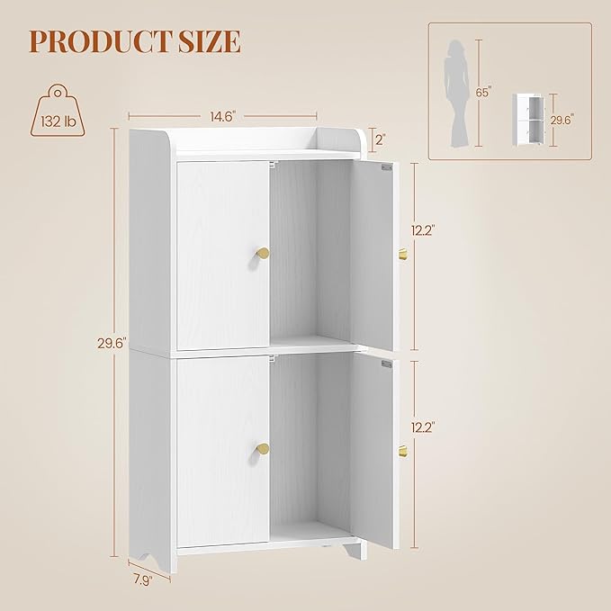 HEXCELEN Small Storage Cabinet, Modern Minimalism, White | Bathroom Storage Cabinet, 4 Doors, Floor Bathroom Organizer Freestanding, For Small Spaces, Living Room, Kitchen, Entryway