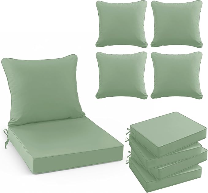 Summsun Outdoor Chair Cushions Set of 4, 24 x 24 Inch, Sage Green | Backrest & Deep Seat Cushion, Water Resistant, Removable Cover, Replacement Cushions Pad for Patio Furniture, Garden