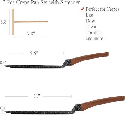 ESLITE LIFE Nonstick Crepe Pan Set with Spreader, 9.5 & 11 Inch Granite Coating Flat Skillet Dosa Tawa Comales Para Tortillas Pancake Pan, PTFE & PFOA Free, Black