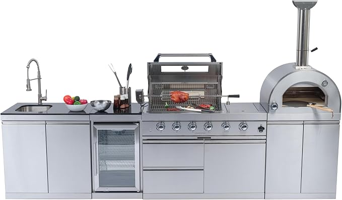 125-Inch 108000- BTU Stainless Steel Propane Gas BBQ Grill Modular Outdoor Kitchen Island,485Sq.In Cooking Area,Pizza oven,Wine Cooler,Refrigerator,Storage Cabinets&Drawers,Silver