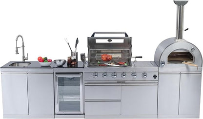 125-Inch 108000- BTU Stainless Steel Propane Gas BBQ Grill Modular Outdoor Kitchen Island,485Sq.In Cooking Area,Pizza oven,Wine Cooler,Refrigerator,Storage Cabinets&Drawers,Silver
