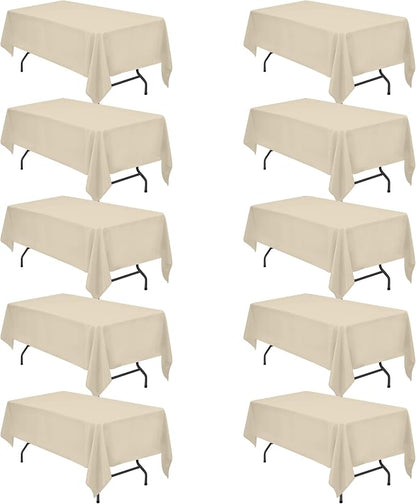 BRILLMAX 10 Pack Beige Tablecloths 60x102 Inch for 6ft Rectangle Tables | 150 GSM Polyester Fabric, 15" Standard Drop, Water, Stain & Wrinkle Resistant Cloth Cover for Wedding Reception Banquet Party