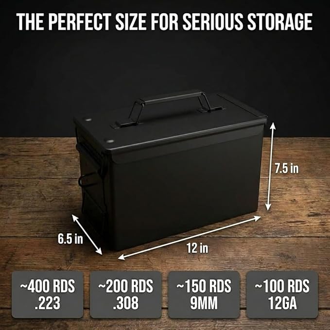 Lockable Metal Ammo Storage Box - Military & Army Steel Ammo Can for Ammunition Storage - Waterproof Ammo Crate Utility Box
