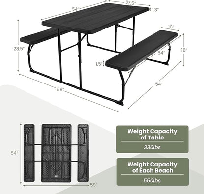 Goplus Foldable Picnic Table with Benches, Rectangular Camping Table Set with Metal Frame, Folding Indoor Outdoor Dining Table Set for Garden, Patio, Backyard (Black)