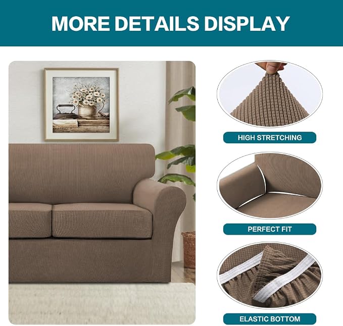 Turquoize 4 Piece Sofa Covers for 3 Cushion Couch Sofa Slipcover Soft Couch Cover for Dogs Washable Furniture Cover with 3 Individual Large Cushion Covers Feature Fabric (Large Sofa, Macchiato)