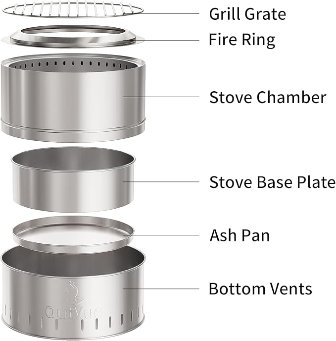 OutVue 19 inch Stainless Steel Smokeless Fire Pit with Grill, Outdoor Smokeless Firepit, Wood Burning Fire Pits for Camping, Bonfire, Low Smoke Firepit for Outside (Vertical Hole)