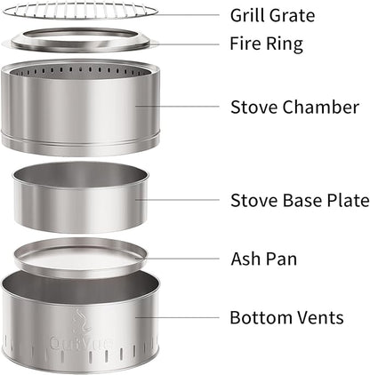 OutVue 19 inch Stainless Steel Smokeless Fire Pit with Grill, Outdoor Smokeless Firepit, Wood Burning Fire Pits for Camping, Bonfire, Low Smoke Firepit for Outside (Vertical Hole)