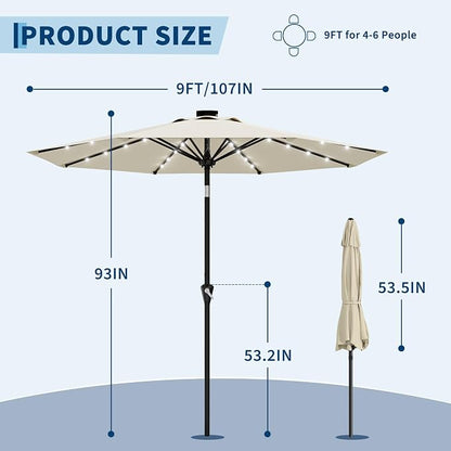 Garvee 9FT Solar Patio Umbrella with 32 LED Lights - Outdoor Table Umbrella with Crank Lift, Push Button Tilt and 8 Sturdy Ribs - Market Umbrella UV Protection for Pool, Deck, Yard, Garden -Beige