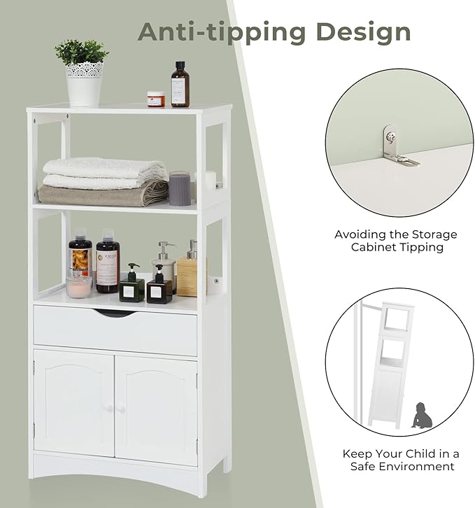 DICTAC Kitchen Pantry Storage Cabinets with Shelves,Drawer and Doors,Microwave Cart with Storage,Freestanding Floor Sideboard Cabinet with Microwave Space,Bookshelf,Display Unit for Home,White