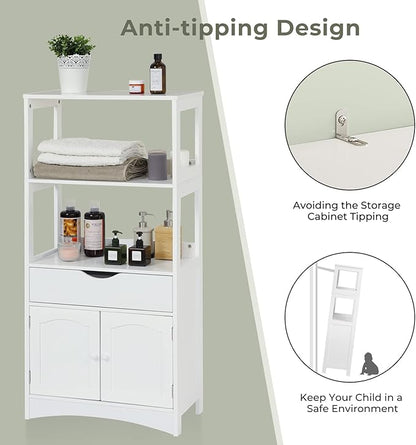 DICTAC Kitchen Pantry Storage Cabinets with Shelves,Drawer and Doors,Microwave Cart with Storage,Freestanding Floor Sideboard Cabinet with Microwave Space,Bookshelf,Display Unit for Home,White