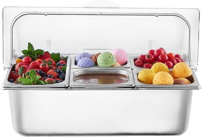 VEVOR Countertop Food Serving Display Container, 5 Pan Stainless Steel Food Serving Tray, Buffet Condiment Dispenser Display Rack with Clear Lid & 3 Freezer Boxes, for Restaurant Hotel Kitchen Party