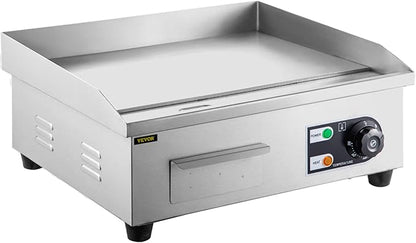 VEVOR Commercial Electric Griddle, 18" Teppanyaki Grill, 1600W Electric Flat Top Grill, Stainless Steel Electric Countertop Griddle w/Drip Hole, 50-300℃ Countertop Griddle for Pancake (No Plug)