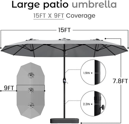 DomeShade 15ft Patio Umbrella with Base,Large Outdoor Double-Sided Rectangle Umbrella with Crank Handle, Market Umbrella for Poolside Garden Deck Backyard Beach Pools, Gray