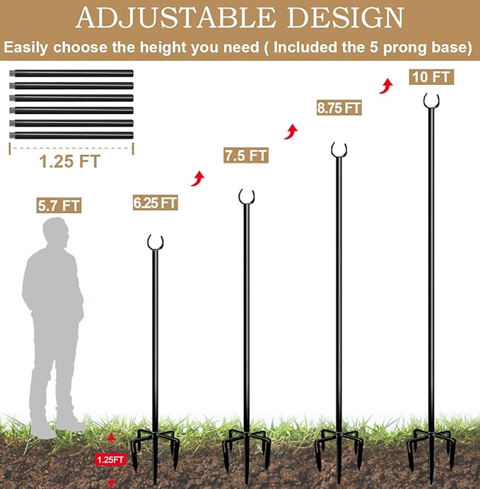 10ft String Light Poles for Outdoors, Outside Light Poles with 5-Prong Base, Suit for Garden, Backyard, Patio, Outdoor Lighting, Matte Black, 2 Packs