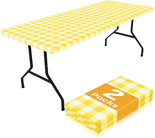 Smiry Picnic Table Cloth 2 Pack, Waterproof Elastic Fitted Tablecloths for 8FT Rectangle Tables, Washable Polyester Buffalo Plaid Tablecloth for Camping, Dining & Outdoor (Yellow & White, 30" x 96")
