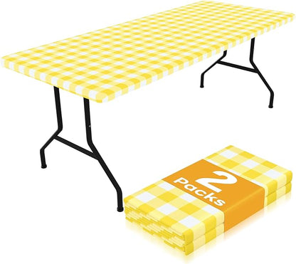 Smiry Picnic Table Cloth 2 Pack, Waterproof Elastic Fitted Tablecloths for 4FT Rectangle Tables, Washable Polyester Buffalo Plaid Tablecloth for Camping, Dining & Outdoor (Yellow & White, 30" x 48")
