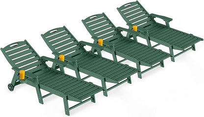Ciokea Outdoor Lounge Chair Set of 4, All Weather Patio Chaise Lounge Chair for Outside, HDPE Chair with Rolling Wheels & Cup Holder, 5 Position, Deck, Pool, Green