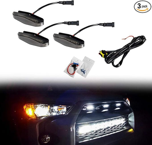 3pcs Smoked Lens White LED Grille Lights Compatible with 2014-2019 Toyota 4Runner TRD Pro Grille SR5 TRD off-road Limited TRO Pro