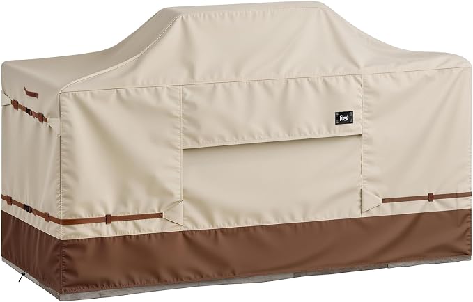 600D Heavy Duty Waterproof Extra Large Grill Cover, Fits for 86 Inch Island with Center Grill Head, Tear & Fade Resistant Outdoor Kitchen Cover with Buckle, Drawstring, Air Vent, Beige & Brown