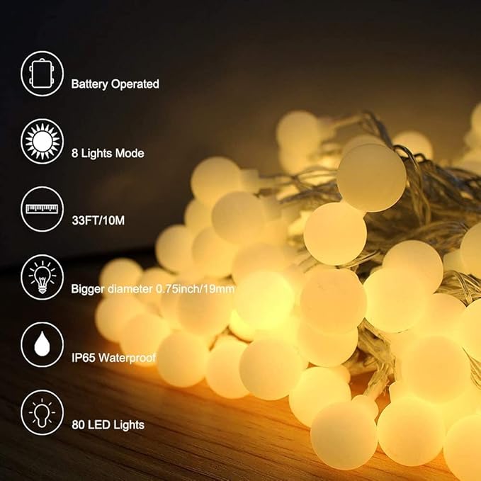 Globe String Lights Battery Operated Warm White ，Water Proof 1 Pack 33FT 80 LED Globe Fairy String Light 8 Modes with Remote Control, for Home, Party, Christmas, Wedding, Garden Decoration