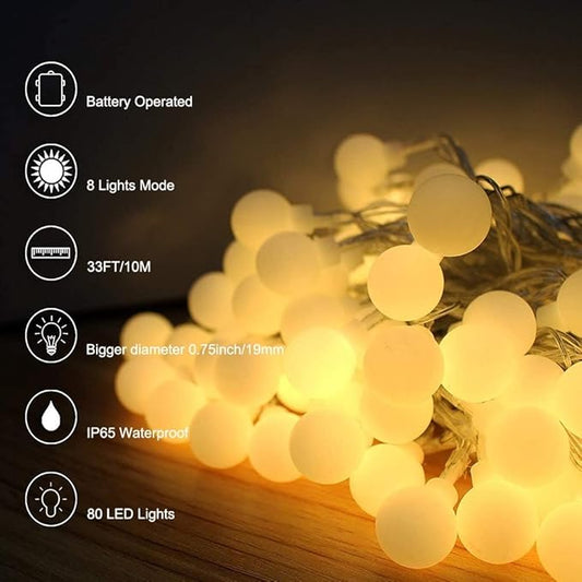 Globe String Lights Battery Operated Warm White ，Water Proof 1 Pack 33FT 80 LED Globe Fairy String Light 8 Modes with Remote Control, for Home, Party, Christmas, Wedding, Garden Decoration