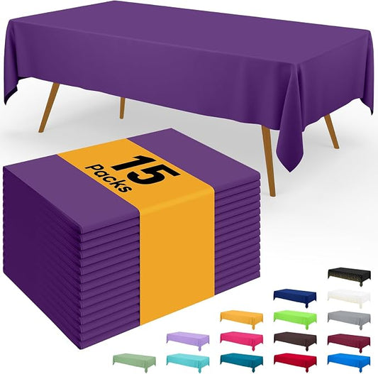 Smiry Disposable Table Cloth - 15 Pack, 54 x 108 Inch Waterproof Rectangle Tablecloths for Parties, Decorative Plastic Table Cover, Leakproof & Sturdy, Purple
